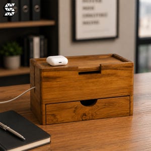 May include: A rectangular wooden cable management box with a natural wood grain finish. The box features a top surface with a white wireless charging case, a front drawer with a semi-circular cutout handle, and a side slot for a white charging cable.