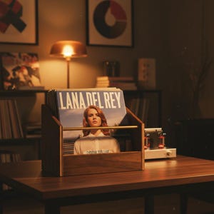 May include: A wooden record holder with gold-coloured accents contains several vinyl records. The top record displays the text "LANA DEL REY" and a portrait of a woman. The holder is on a dark wooden table, with a lamp and stereo equipment in the background.