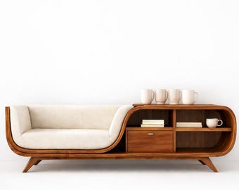 Divano-panca in legno massello stile Mid-Century Modern con ripiani portaoggetti, divano per soggiorno