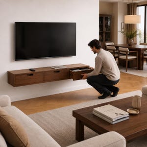 May include: A wall-mounted floating media console made of dark brown wood with three horizontal drawers. The console is positioned directly beneath a large flat-screen television mounted on a plain white wall in a living room setting.