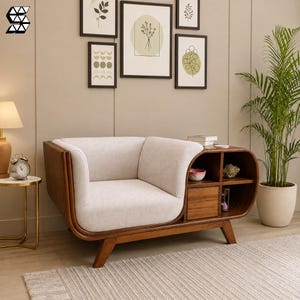 May include: A wooden armchair with light beige upholstery and an integrated side storage unit featuring open shelves and a single drawer. The frame is made of dark brown wood with rounded edges, supported by four angled wooden legs.