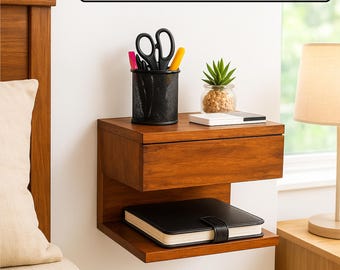 Mesita de noche flotante de madera con cajón: repisa de pared y organizador que ahorra espacio