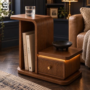 May include: A dark wood side table with a tiered design, featuring a vertical storage section for books, a single drawer with a ribbed front and a gold knob, and integrated warm LED lighting. A clear glass of water sits on the top surface.