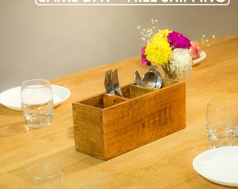 Rustic Acacia Wood Cutlery Holder – Handmade 3-Compartment Organizer