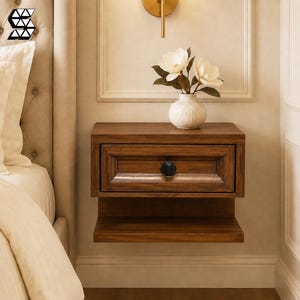 Può includere: Un comodino in legno montato a parete dotato di un cassetto con pomello nero rotondo e un ripiano inferiore aperto. Un vaso in ceramica bianca contenente due fiori di magnolia bianchi è posizionato sulla superficie superiore dell'unità in legno.