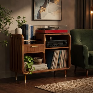 Moderne platenconsole uit het midden van de eeuw | Opbergkast van vinyl, standaard draaitafel