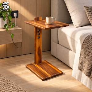 May include: A C-shaped side table crafted from polished brown wood with a rectangular top, a vertical support post featuring three square cutouts, and a flat rectangular base. A beige ceramic mug sits on the surface of the wooden table.