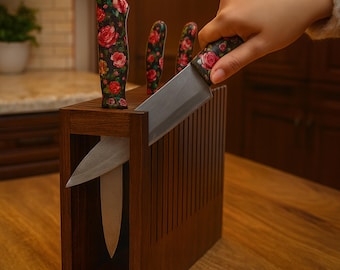 Handcrafted Wood Knife Block – Modern Vertical Multiple -Slot Options Cutlery Organizer