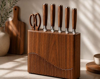 Handcrafted Wood Knife Block – Modern Vertical Multiple -Slot Options Cutlery Organizer