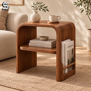 May include: A curved wooden side table with a smooth finish, featuring an open shelf for storage and a side slot for magazines. The table holds a textured vase, a ceramic mug on a wooden coaster, a small bowl, and two stacked books titled The Kinf