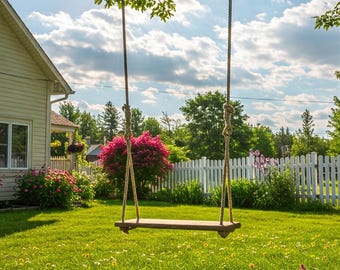 Columpio de madera para árboles, ideal para adultos y niños. Columpio resistente para exteriores con cuerda de yute. Asiento rústico para jardín o patio. Banco columpio artesanal, perfecto como regalo.