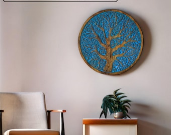 Handcrafted Wooden 16'' Tree of Life Wall Art – Elegant Carved Home Decor in White and Blue, Perfect for Living Room, Office & Gift Ideas