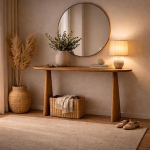 Op de afbeelding: Een warme, uitnodigende interieurscène met een houten console, een ronde spiegel en een lamp. De tafel is versierd met een vaas met groen en andere decoratieve items. Een rieten mand met een deken en een vloerkleed maken de scène compleet.