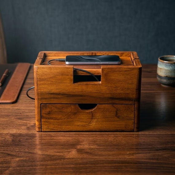 A solid wood box that hides your ugly power strip and cable spaghetti behind furniture-grade craftsmanship — desk transformation in one piece.