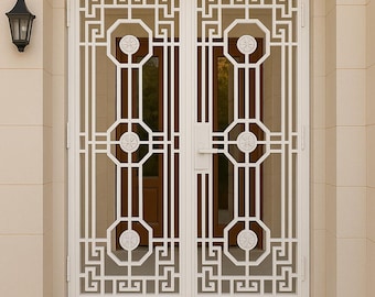 Custom Wrought Iron Double Security Door: Greek Key Floral Design