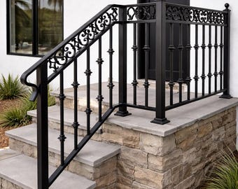 Verona Crest Scroll Landing Handrail, Custom Wrought Iron Stair Railing, Decorative Porch Rail, Outdoor Entry Handrail, Metal Step Guardrail