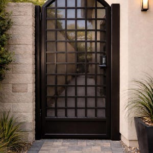 May include: A black metal gate with a grid pattern and an arched top. The gate has a keypad lock and is set in a stone wall. A pathway of pavers leads to the gate, with a potted plant to the right.