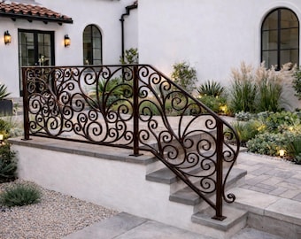 Riviera Scroll Garden Handrail, Custom Wrought Iron Stair Railing, Decorative Metal Porch Rail, Luxury Entry Handrail