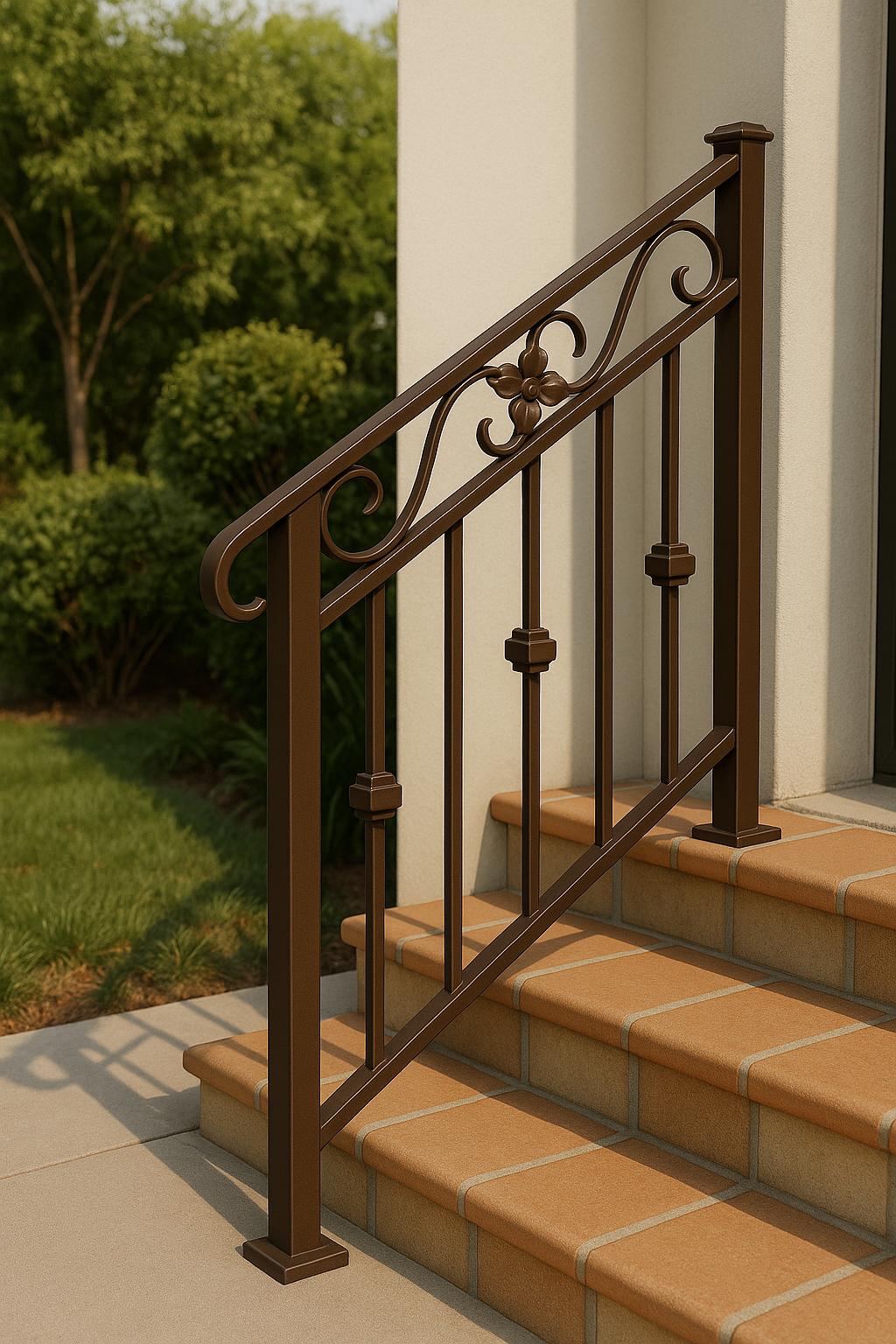 Wrought Iron Stair Railing with Scrolls | Decorative Steel Handrail for Porch Steps | Powder Coated Outdoor Staircase Railing(ONE SIDE ONLY)
