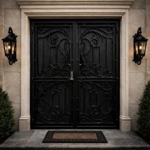 May include: Black wrought iron double doors with decorative scrollwork and a small doormat. The doors are set in a stone frame, with sconce lights and small evergreen bushes. The door's design is symmetrical.