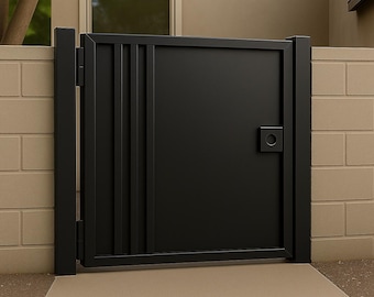 Modern Iron Security Gate with Vertical Accents – Wrought Iron Side Door for Block Walls – Powder Coated Metal Gate Outdoor