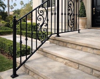 Valencia Scroll Stair Railing, Custom Wrought Iron Handrail, Decorative Porch Rail, Metal Entry Railing, Outdoor Step Handrail