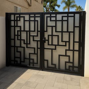 Custom Double Gate – Modern 2-Panel Exterior Entrance | Powder Coated Black Iron & Frosted Glass | Luxury Driveway Gate (Double Door)