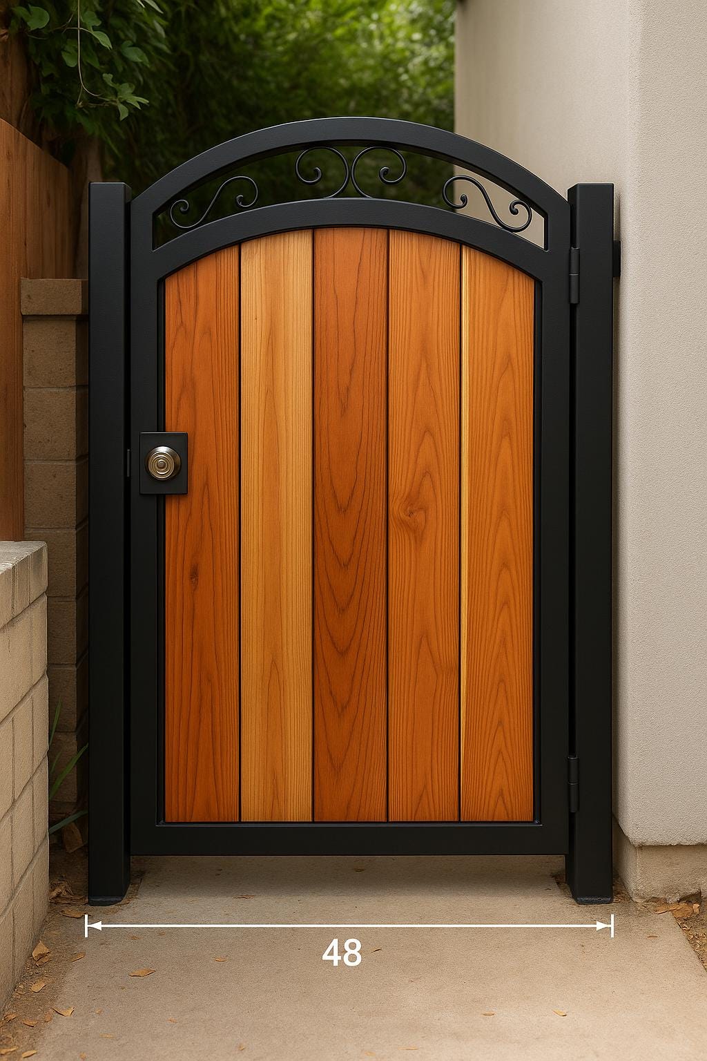 Arched Wood & Steel Garden Gate | Powder Coated Frame w/ Scroll Detail | Outdoor Privacy Entry Fence Gate