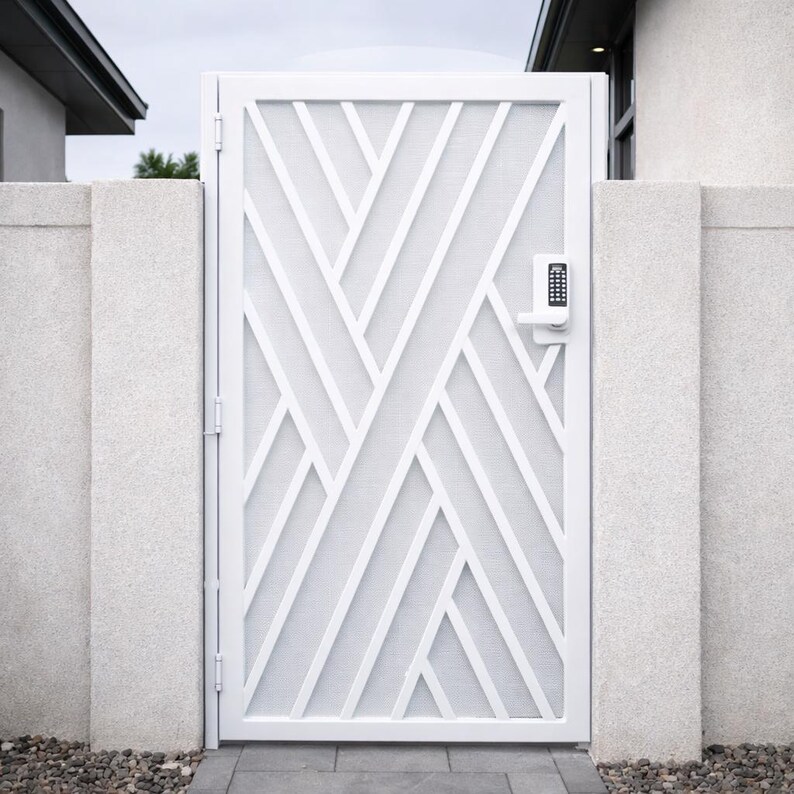 Modern White Steel Geometric Gate, Contemporary Walkway Security Entry ...