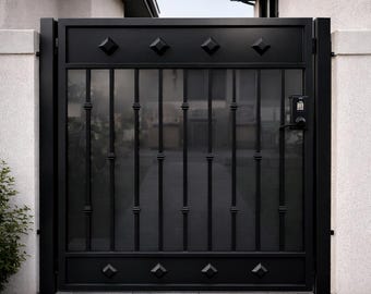 Modern Steel Security Gate – Black Metal Entry Privacy Gate With Keypad Lock Panel