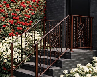 Roseheart Twist Stair Handrail, Custom Wrought Iron Railing, Decorative Outdoor Stair Rail, Entry Porch Safety Handrail, Metal Step Railing