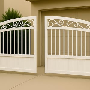 Puede incluir: Una puerta de entrada blanca y arqueada con adornos decorativos y barras verticales. La puerta está abierta, revelando un vistazo de un arbusto verde y una puerta de garaje beige. La puerta es de madera o material similar.