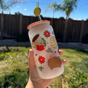 Conchas Pan Dulce Christmas  Glass Libbey Cup with Plastic Lid and Straw - Sublimation Printed - Gift Ideas - Xmas Present - White Elephant