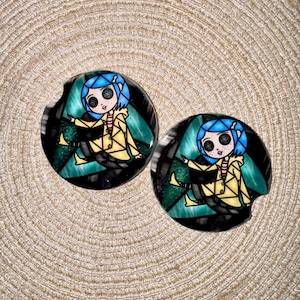 Mosaic Button Eye Girl Coraline Jones Doll Ceramic Car Coaster - Set of 2 or 1 Large 4 inc coaster- Sublimation Printed
