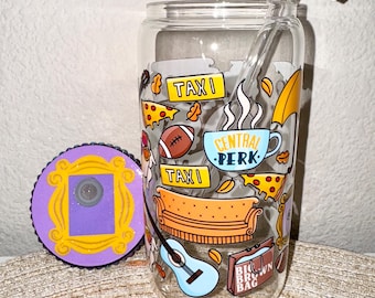 Friends Central Perk Glass Cup – UVDTF Wrapped 16oz Libbey with Lid & Straw