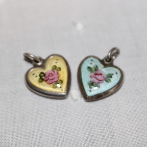 2 vintage sterling silver guilloche enamel puffy puffed heart charm for heart charm bracelet yellow & baby blue