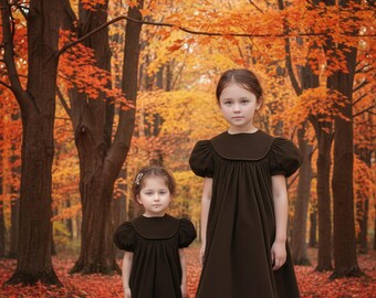 Brown Corduroy Girl Dress With Round Collar Monogramable