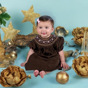 chocolate brown baby girl dress Chocolate Brown Sleeve and Neck Gathered Dress Cotton Girls Dress