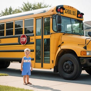 May include: A bright yellow school bus with black trim and a red stop sign on the side. A young child stands in front of the bus wearing a light blue sleeveless romper featuring a white chest panel with colorful diagonal embroidered lines.