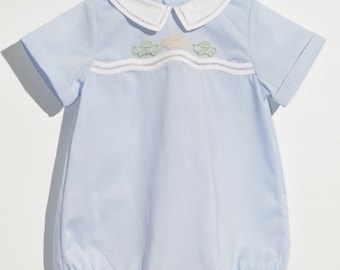 Blue Boy Cars Embroidered Bubble with Buttons and Bonnet