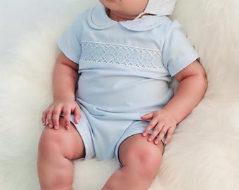 Baby Boys Light Blue Geo Smocked Bubble With Bonnet