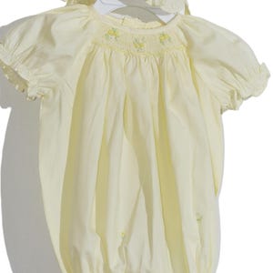 Yellow Smocked Short Raglan Sleeve Bubble with Beautiful Pink Ribbon Bows and Bonnet