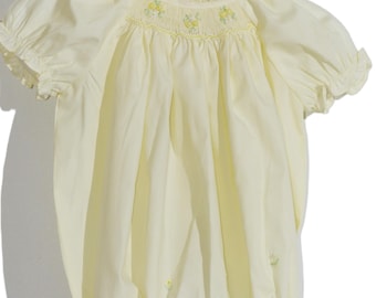 Yellow Smocked Short Raglan Sleeve Bubble with Beautiful Pink Ribbon Bows and Bonnet