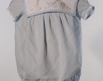 Blue Baby Boy Bubble with Hand-Embroidered Animals