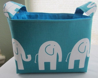 Organizer Storage Basket Bin Fabric -Turquoise Aqua with White Elephant