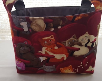 Fabric Organizer Storage Basket Bin Container - Movie Theater Cats Maroon