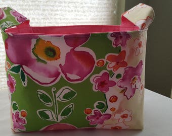 Storage Organizer Basket Caddy Bin Container Fabric - Green with Pink Big Flowers