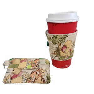 Zipper Mini Wallet Fabric Holder Pouch Key Chain or Hot or Iced Fabric coffee cozy sleeve - Winnie The Pooh - Eegore - Tigger