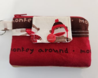 Zipper Mini Wallet Fabric Holder Pouch Key Chain Card holder - Monkey Around - Sock  Monkey