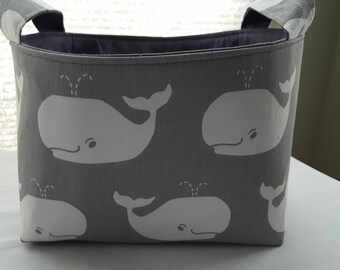 Storage Organizer Basket Bin Container Fabric - Gray and White Whales - Choose your Lining Color